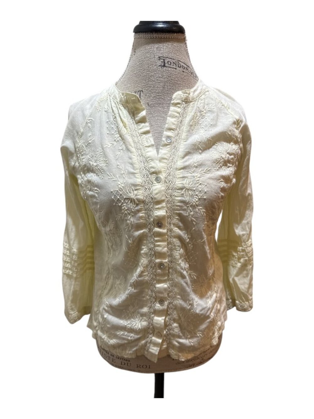 Lucky Brand Sz XS Pale Yellow Embroidered Soft Cotton w/ Lace Peasant Blouse
